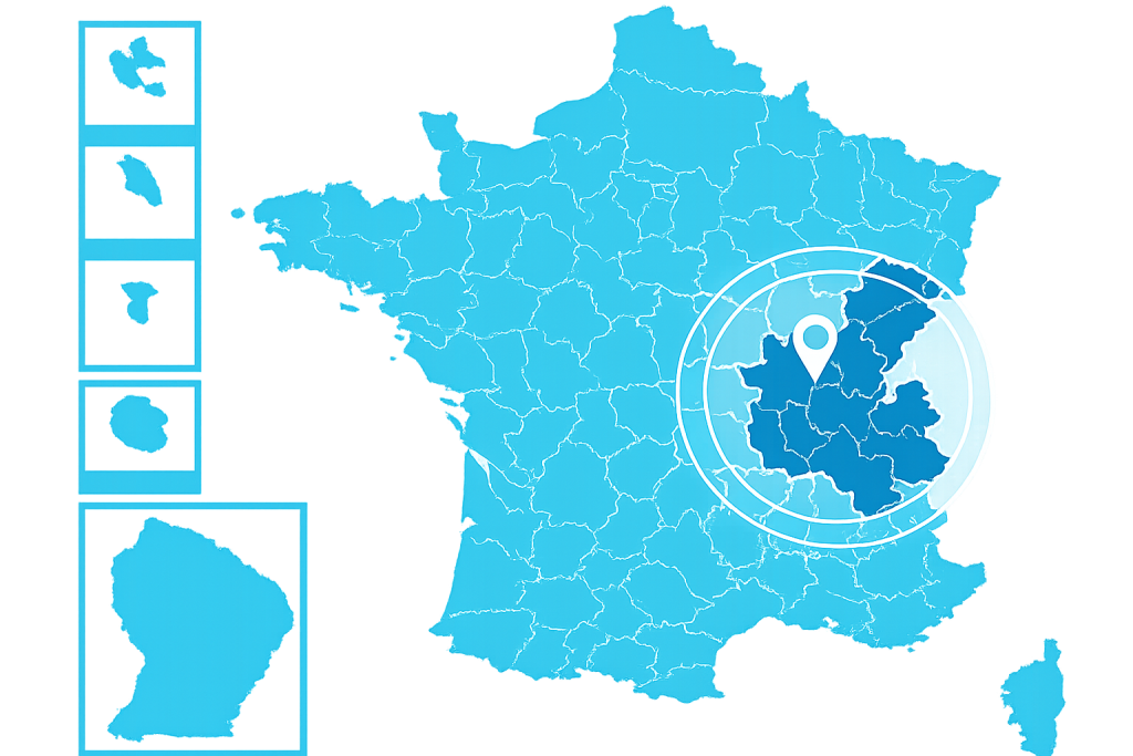 Carte de France avec régions et zones ciblées